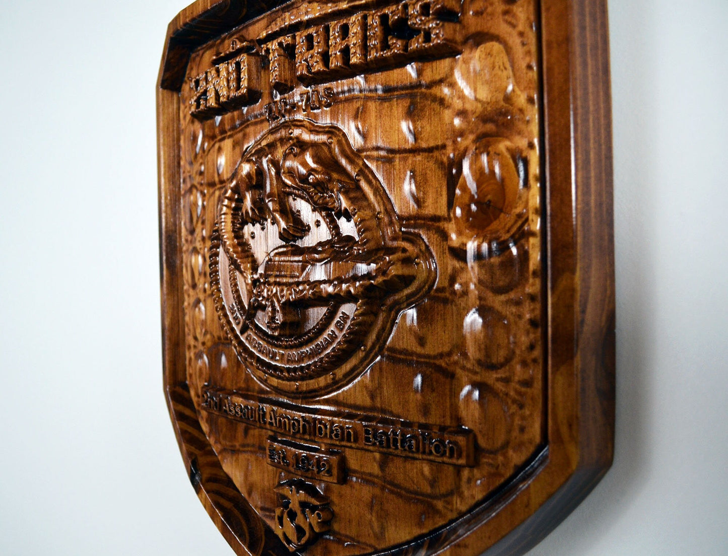 USMC 2nd Assault Amphibian Battalion, 2nd Tracs stained version, CNC 3d wood carving, military plaque