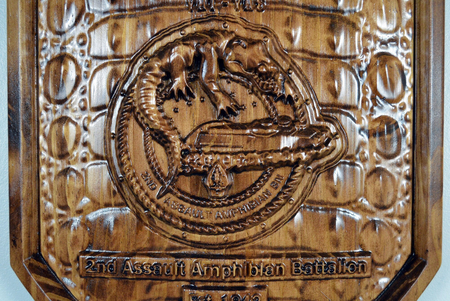 USMC 2nd Assault Amphibian Battalion, 2nd Tracs stained version, CNC 3d wood carving, military plaque