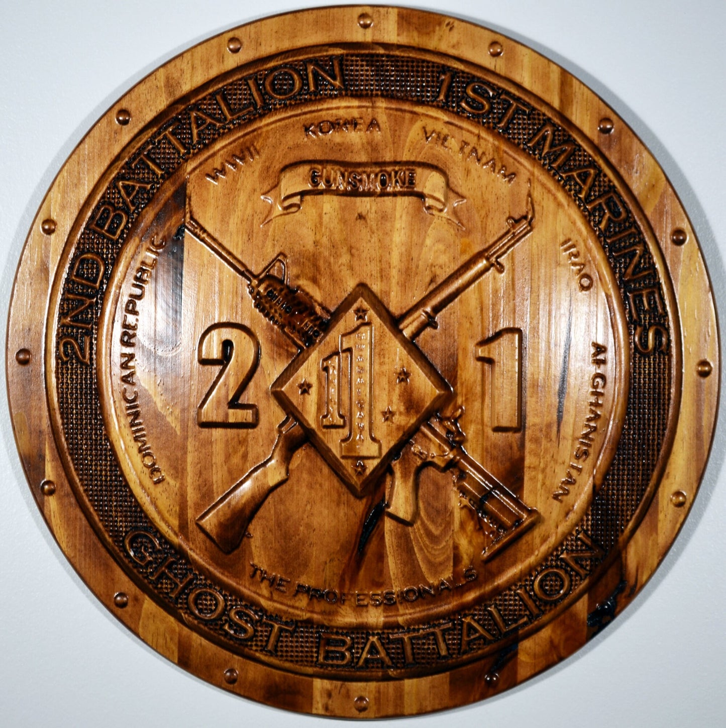 USMC 2nd Battalion 1st Marine Division,  US Marine Corps, 3d wood carving, military plaque