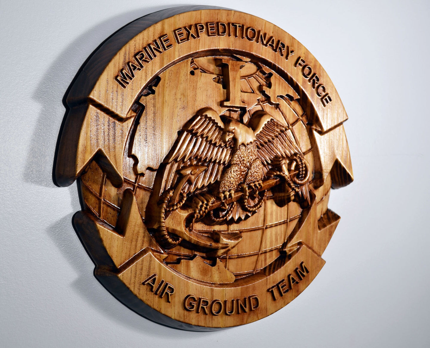 USMC I Marine Expeditionary Force, stained 3d wood carving, military plaque
