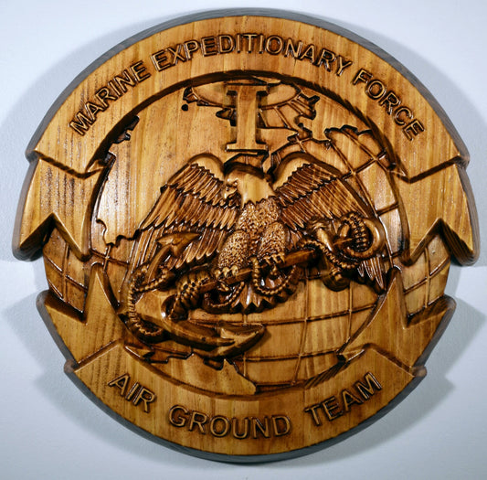 USMC I Marine Expeditionary Force, stained 3d wood carving, military plaque