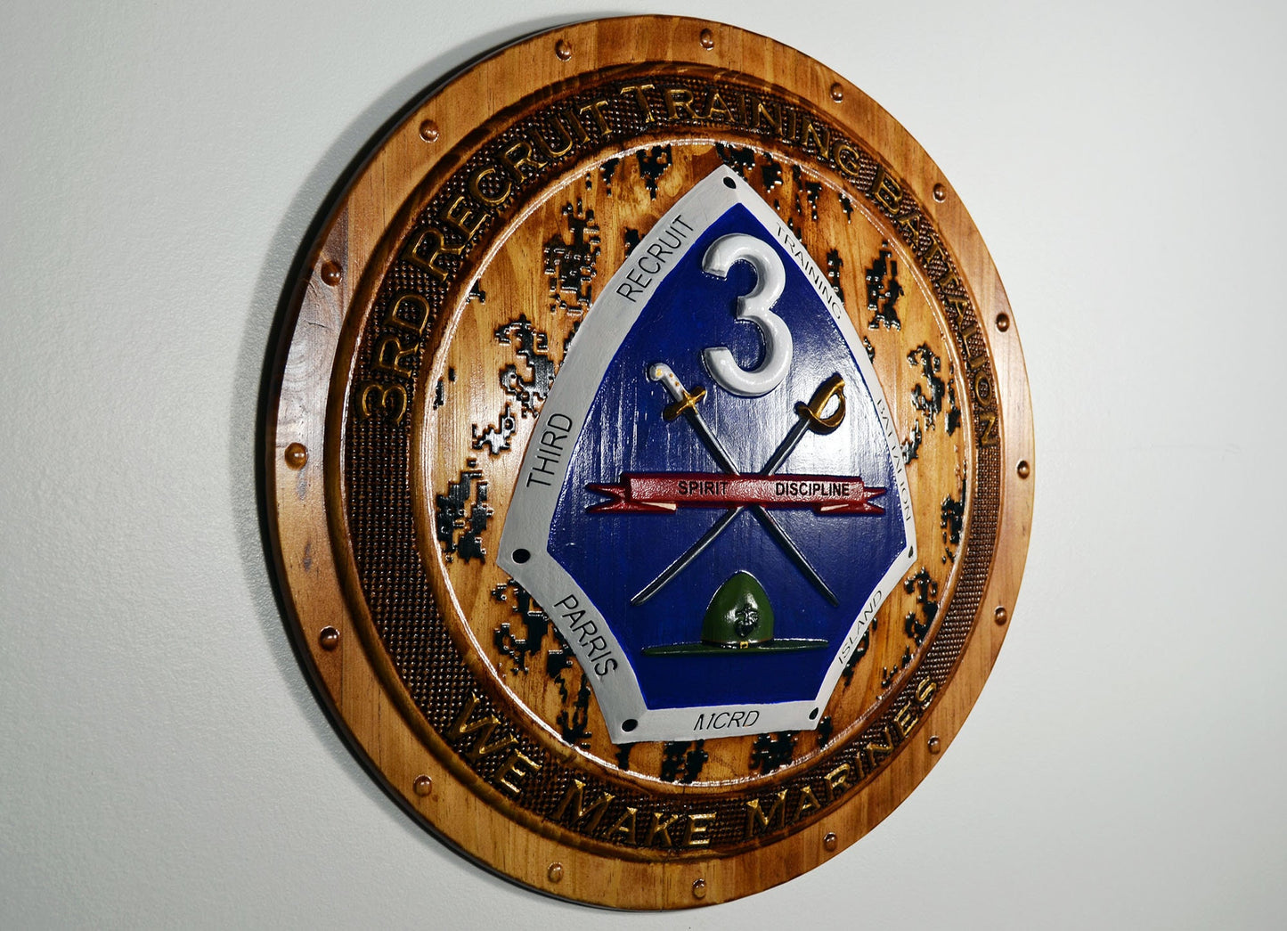 USMC 3rd Recruit Training Battalion, 3d wood CNC carving painted version, military plaque