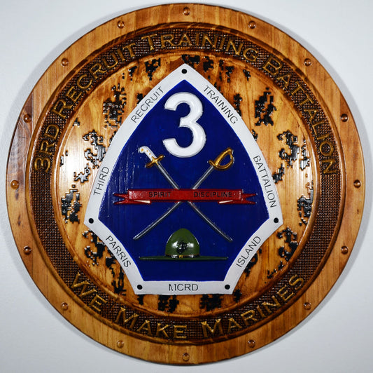 USMC 3rd Recruit Training Battalion, 3d wood CNC carving painted version, military plaque