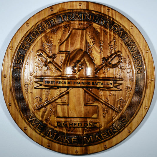 USMC 1st Recruit Training Battalion, 3d wood CNC carving, military plaque