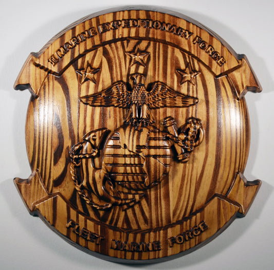 USMC II Marine Expeditionary Force, cnc, stained 3d wood carving, military plaque