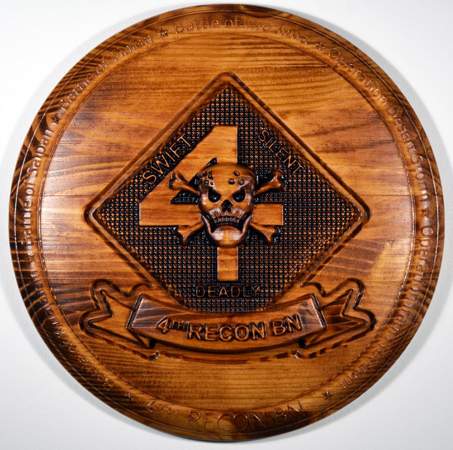 USMC 4th Reconnaissance Battalion, Marine Corps Special Forces, stained 3d wood carving, military plaque