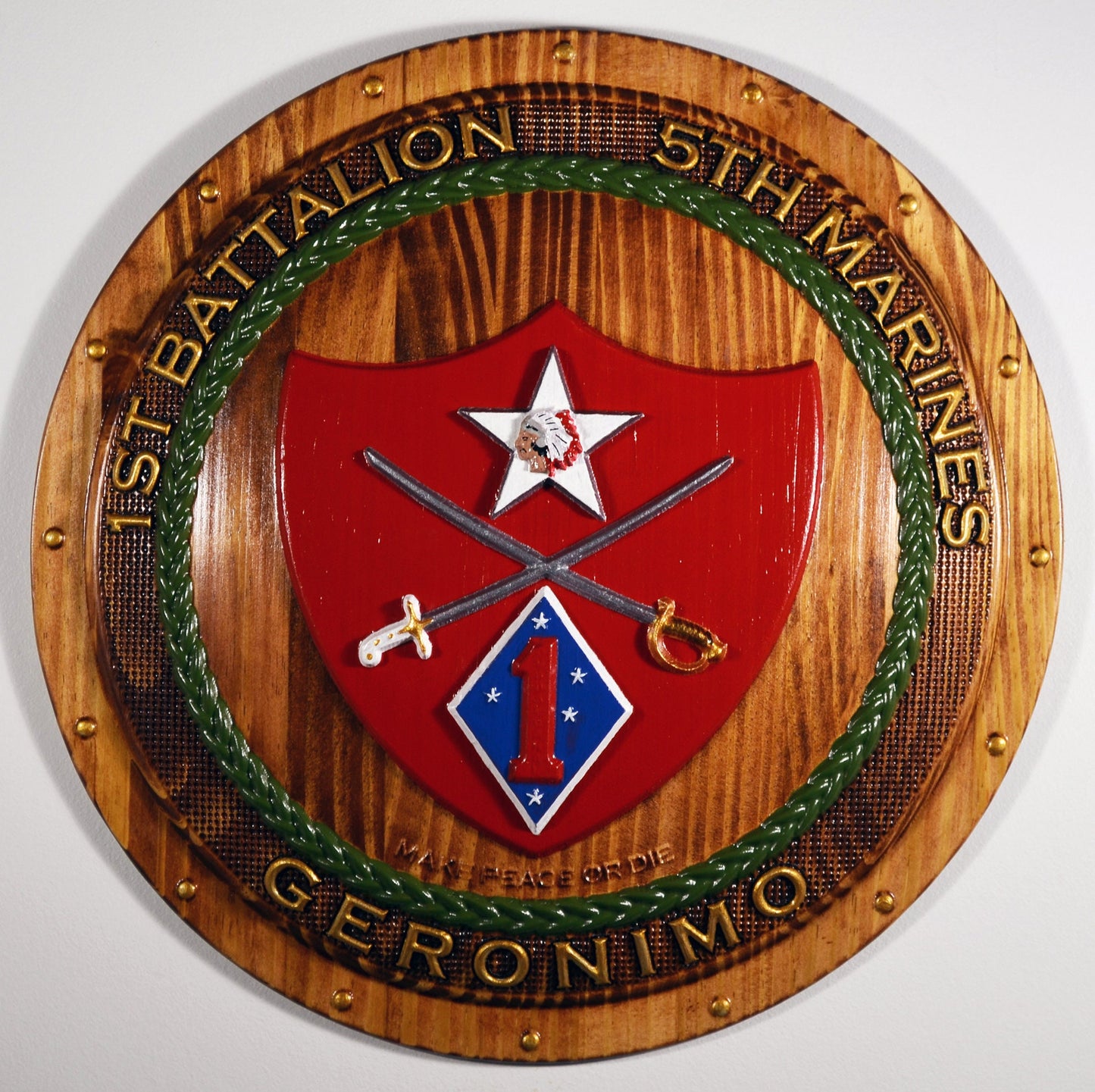 USMC 1st Battalion 5th Marines Painted Shield, USMC Geronimo CNC, military plaque